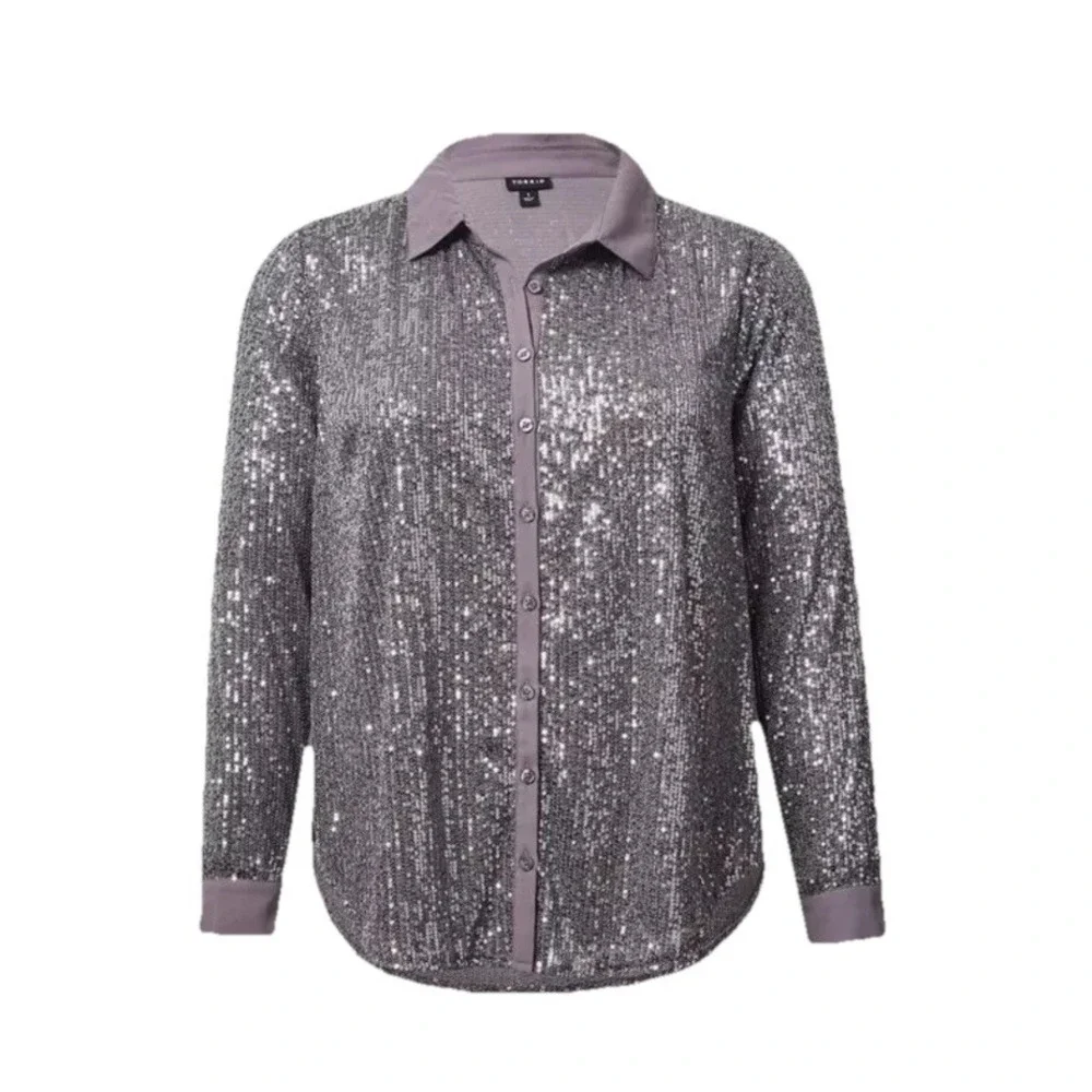 Torrid Gray Madison Sequin Long Sleeve Button Up Shirt Women's Size 3X 22-24 NWT